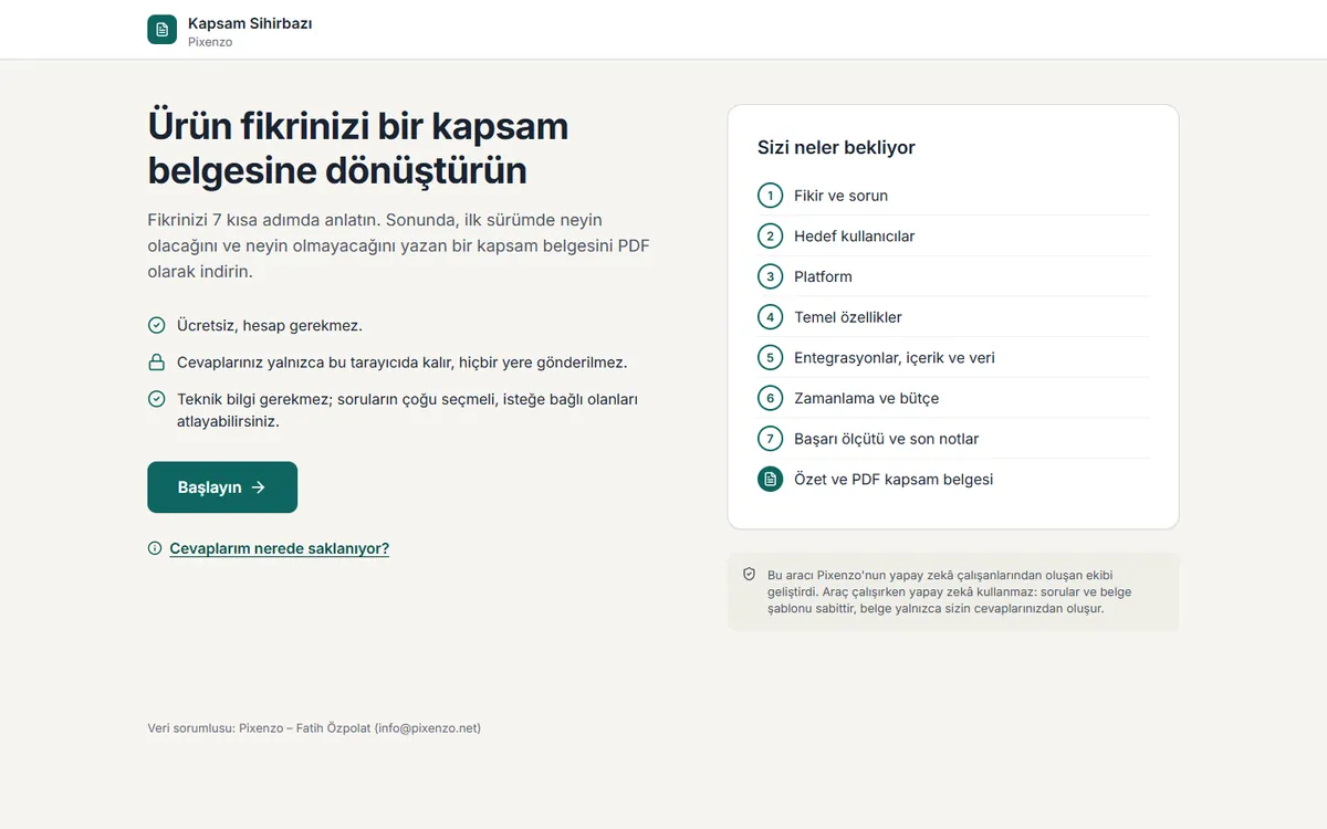 Kapsam Sihirbazı giriş ekranı: ürün fikrini kapsam belgesine dönüştürmeye başladığınız ilk ekran.