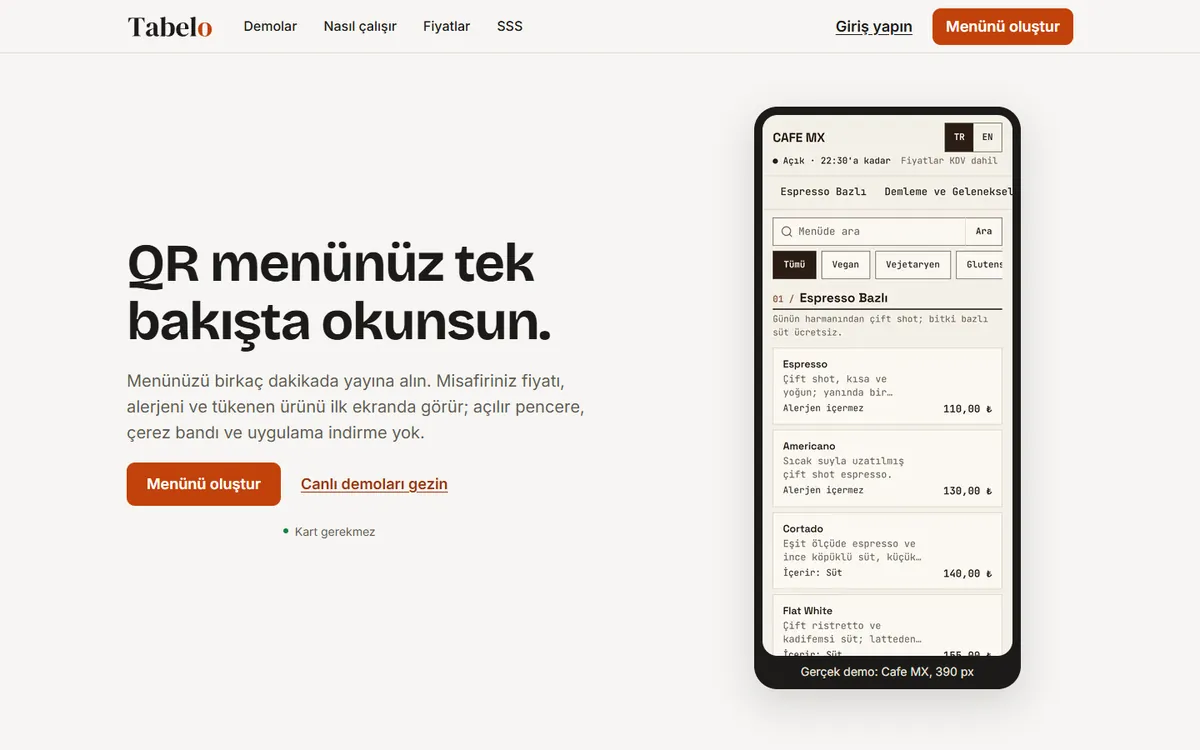 Tabelo tanıtım sayfası: QR menü ürününün başlığı ve kısa açıklaması.