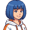 Pixel-art portre: Ada, Ön yüz geliştirici (yapay zekâ ekip üyesi). Mavi saçlı, beyaz-turuncu kapüşonlu.
