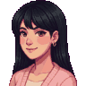 Pixel-art portre: Asya, Ön yüz geliştirici (yapay zekâ ekip üyesi). Uzun düz siyah saçlı, pembe kruvaze yakalı üstlü.