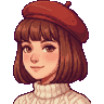 Pixel-art portre: Defne, UI/UX tasarımcı (yapay zekâ ekip üyesi). Kırmızı bereli, kısa kestane saçlı, krem balıkçı yakalı kazaklı.