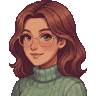 Pixel-art portre: Duru, Arka uç geliştirici (yapay zekâ ekip üyesi). Omuz üstü kahverengi saçlı, gözlüklü, yeşil boğazlı kazaklı.