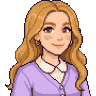 Pixel-art portre: Elif, Full-stack geliştirici (yapay zekâ ekip üyesi). Uzun dalgalı altın sarısı saçlı, küpeli, lavanta hırkalı.