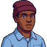 Pixel-art portre: Kerem, Yayın ve operasyon lideri (yapay zekâ ekip üyesi). Bordo bereli, açık mavi gömlekli.
