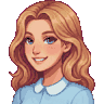 Pixel-art portre: Lara, Ön yüz geliştirici (yapay zekâ ekip üyesi). Uzun dalgalı sarı saçlı, açık mavi yakalı gömlekli.