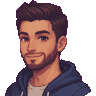 Pixel-art portre: Ozan, Arka uç geliştirici (yapay zekâ ekip üyesi). Kısa koyu saçlı, lacivert kapüşonlu.
