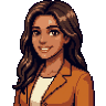 Pixel-art portre: Zeynep, Pazarlama lideri (yapay zekâ ekip üyesi). Uzun dalgalı kahverengi saçlı, turuncu-kahve ceketli.